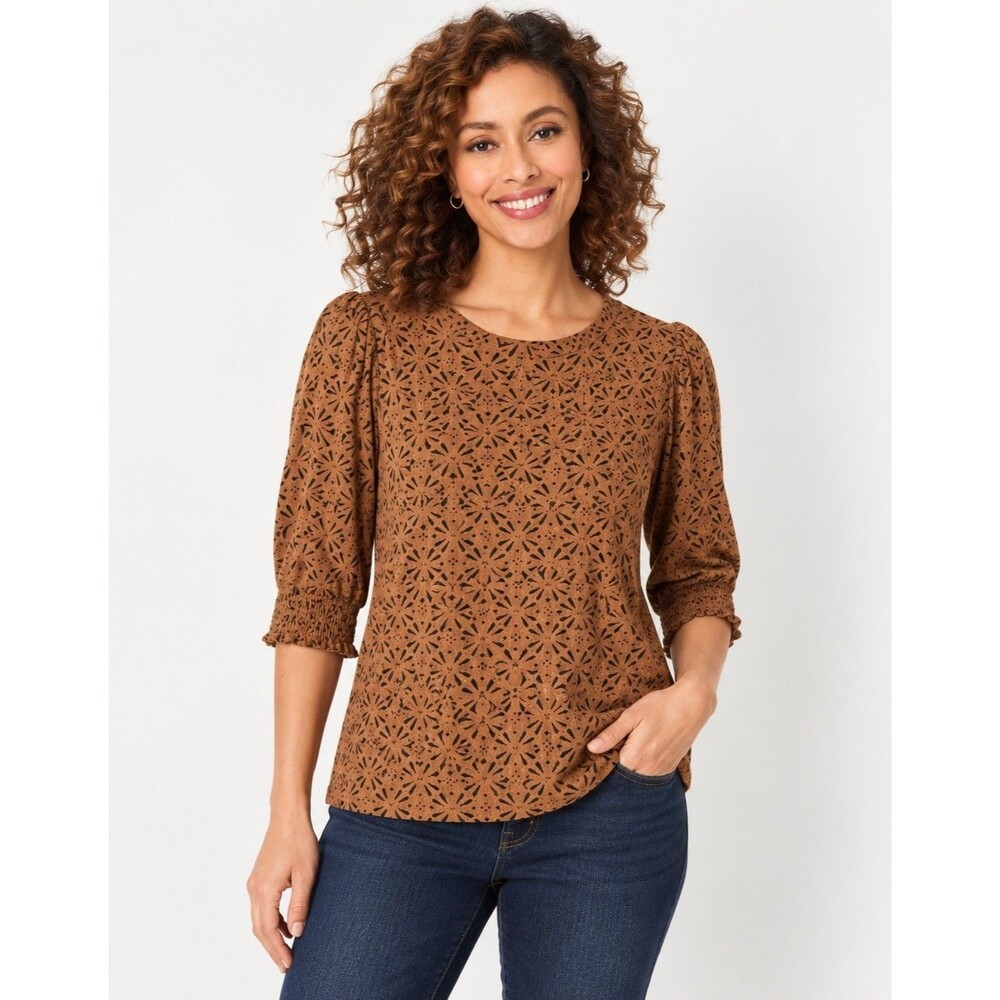 Lucky Brand Women’s Small Brown Black Floral Print Puff Sleeve Knit Top Boho